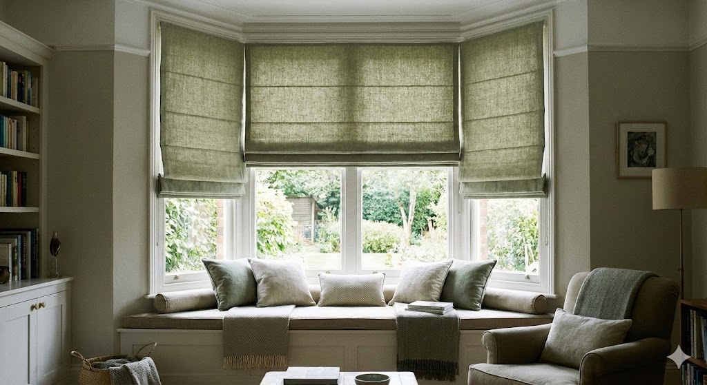 Bay window dressed with Roman blinds